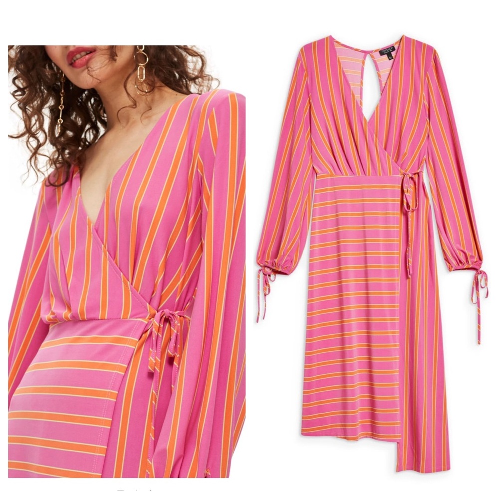 TopShop Midi Faux Wrap Asymmetrical Stripe Pink & Orange Dress Size 10